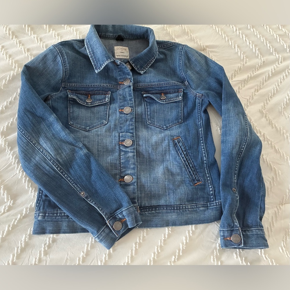 J.Crew Trucker Jean Jacket Women XS Cropped Blue Denim Stretch Pockets 90s